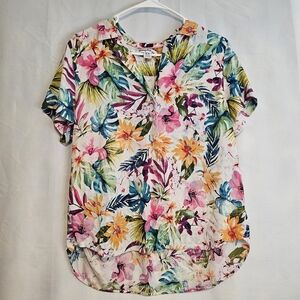 Tommy Bahama Women's Medium Tropical Floral Blouse - Pink, Green, Orange